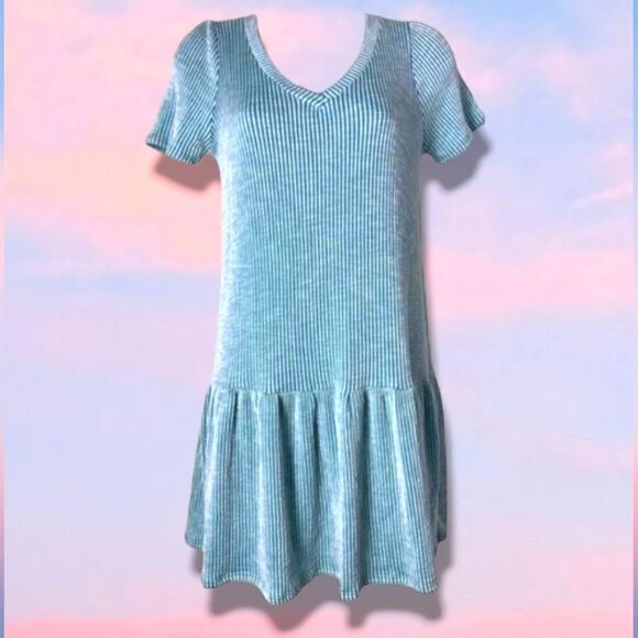 Caution To The Wind Striped Short Sleeve Ruffle Dress (Mint/White) - Picture 1 of 7